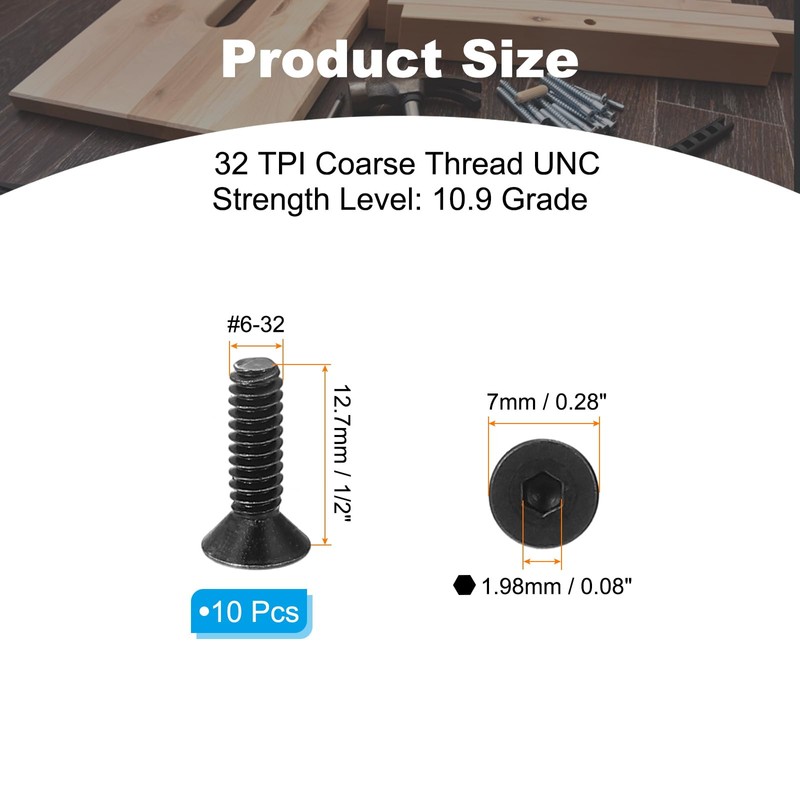 PATIKIL #6-32 x 1/2" Flat Head Socket Cap Screw, 10