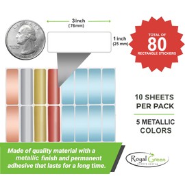 Metallic Sticker Labels 3x1 inch (75mm x 25mm) Rectangular Labeling Sticker Sheets in 5 Metallic Colors 80 - Pack by Royal Green