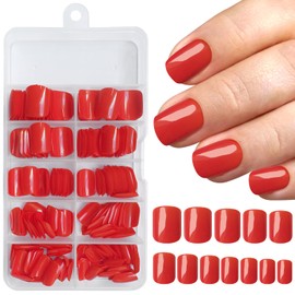 Bellelfin 240pcs Short Press on Nails Square, Full Cover Glossy Fake Nails Pure Dark Red False Nails Press Ons Acrylic Glue on Nails Kit with 5 Sheets Adhesive Tabs for Women Girls Fingernails Design