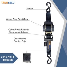 TRUKSECU Retractable Ratchet Straps, 2 Inch x 10 Feet, 4400 lbs Breaking Strength, Heavy Duty Tie Down Set with Storage Bag, 2 Pack, Black