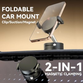 Upgrated Vacuum Magnetic Suction Phone Mount, Retractable Foldable Strong Magnetic Phone Holder with Armrest Clip for All Smartphones Mini Vacuum Suction Cup Car Phone Stand for Smooth Surface (A9)