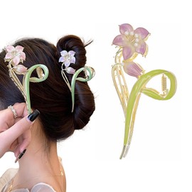 Rannyrena Flower Rhinestone Metal Hair Claw Clips for Women Camellia Floral Claw Clip Large Tulip Nonslip Strong Hold Hair Accessories for Thick Hair (Purple Lily Metal Flower)