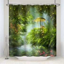 SDOTPMT 180x180cm Fairy Forest Shower Curtain Magic Fantasy Mushroom Green Grass Tree Leaves Bath Curtain Zen River Trippy Bathtub Curtain for Child Bathroom Decor Polyester Waterproof with Hooks