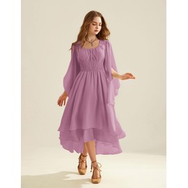 Women Renaissance Costume Split Bell Sleeve Double Layered High Low Dress Orchid XXL