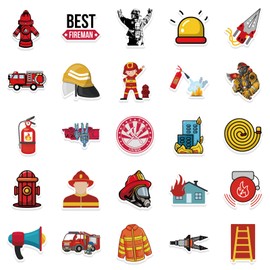 50pcs Fire Truck Firefighter Stickers for Notebook Guitar Skateboards Laptops Water Bottles Bikes Luggage Computer Phone Hard Hat Car Cheer to Fire Fighting Theme Birthday Party Decal Decoration