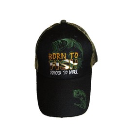 AES Born to Fish Forced to Work Fishing Black Face Camouflage Embroidered Cap Hat