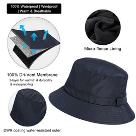 TOP-EX Waterproof Winter Bucket Hats for Men Women Warm Fleece Lined Rain Hats for Walking Hiking Fishing Outdoor Cold Weather Hats Windproof L/XL Black