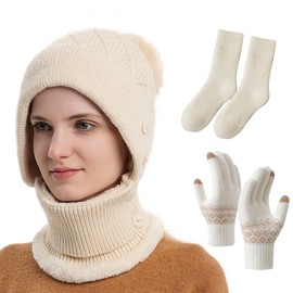 Women Winter Hat 2 in 1 Hat Scarf Set 3 Pieces Cycling Cold Weather Knitted Hat with Pompom Thick Neck Warmer Hat Mask Set Touchscreen Gloves and Thermal Socks for Skiing, beige