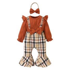 HEOXIN Newborn Baby Girl Clothes Set, Toddler Romper Ruffle Long Sleeve Outfit with Bowknot, Bodysuits with Plaid Patterned Flared Hems and Headband, Baby Girl Clothing Set for 18-24 Months, Brown