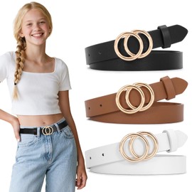 SUOSDEY 3 Pack Kids Leather Belts for Girls Solid Colors Skinny Belt for Teen Girls with Double O-Ring Buckles