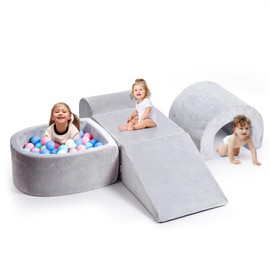 Rinnebbit Foam Climbing Blocks for Toddlers, 5-Piece Tunnel Climber and Crawl Playset, Indoor Activity Play with Large Ball Pit, Machine Washable Velvet Cover, Soft Climbing Toy for Kids (Gray)