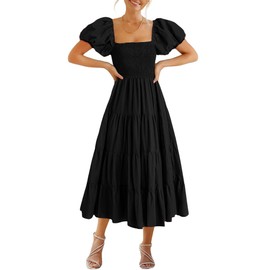 GOLDSTITCH Women's Smocked Maxi Dress Square Neck Ruffle Hem Puffy Short Sleeve Flowy Midi Dress Black