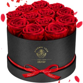 Impouo Forever Flowers,12 Roses In A Box，Real Preserved Roses，Birthday Gift For Women,Mother'S Day, Valentine'S Day，Christmas Gift-Red Rose