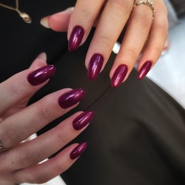 Mirror Metal Press on Nails Medium Oval Acrylic Nails Press ons Pink Purplish Medium Short Round Fake Nails for Women Reusable Thick Almond Nails Chrome Glazed Glue on Nails Shiny False Nails 24Pcs