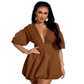 WDIRARA Women's Deep V Neck Puff Sleeve High Rise Flare Dress Elastic Waist Dress Brown Large