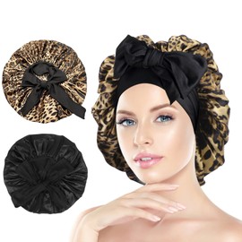 Arqumi Pack of 2 Satin Sleeping Bonnet, Large Satin Sleep Bonnet with Elastic Long Strap, Adjustable Sleep Cap Hair Bonnet for Women & Men, Black+Leopard Print