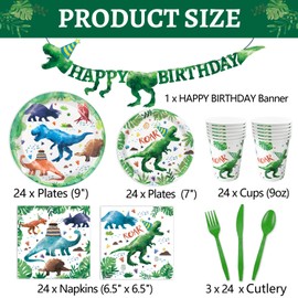 169 Pcs Watercolor Dinosaur Party Supplies Dinosaur Theme Birthday Party Decoration Includes Banner Plates Cups Napkins Knives Forks Spoons Tableware for Boys Birthday, Serves 24 Guests