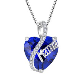 YL Mum Necklace 925 Sterling Silver Heart Pendant 12 Birthstone Cubic Zirconia Necklace Jewellery Gifts for Mother Wife Girlfriend Her, Silver, Sapphire
