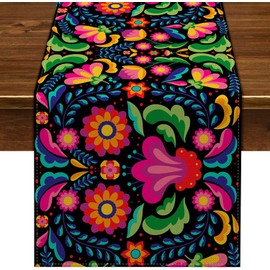 Nepnuser Mexican Table Runner for Fiesta Dia De Los Muertos Cinco De Mayo Rustic Linen Home Dining Room Kitchen Table Decorations (13" x 90", Black)