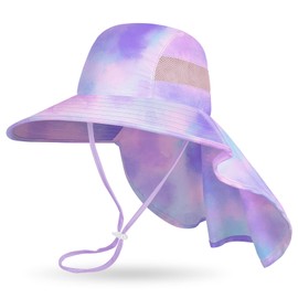 MHJY Sun Hat Children's Sun Hat Girls Hat Summer UV Protection 50 Hats Unicorn Fishing Hat Wide Brim Cap with Neck Flap Toddler 2-9 Years, Blue-Purple Smudge
