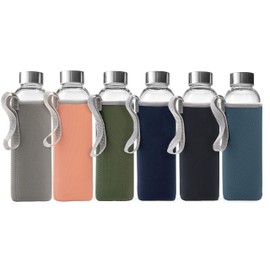 Epica glass bottles with lids – 18oz glass water bottles, reusable juice bottle with lids for storing juices, reusable water bottle durable & ecofriendly set of 6 with Sleeves