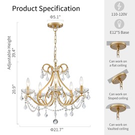 WUZUPS Crystal 5-Light Candle Chandelier Pendant Flushmount Ceiling Light Modern Lighting Fixture for Bedroom Hallway Bar Kitchen Bathroom, H 20.9" x W 21.7", Gold, E12 Base