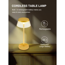 JOYOSWO Cordless Table Lamps,Portable Rechargeable Lamp,3 Color Temperature,Stepless Dimmable, Wireless Touch Lamp for Dinner Patio Home Restaurant Bars Patio (Gold)