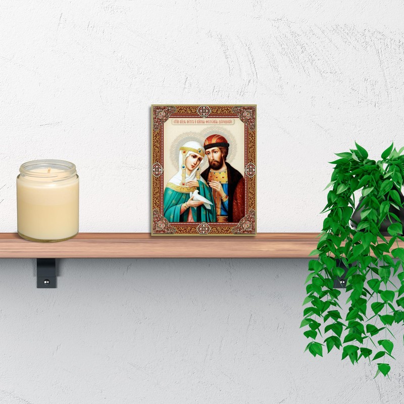 Needzo Saints Peter and Fevronia Orthodox Icon, Gold Foil Wooden