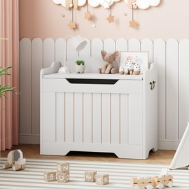 IDEALHOUSE 24.8" Storage Chest, Toy Chest for Boys Girls, Kids Wood Large Toy Box, Storage Bench with Safety Hinge,Storage Trunk for Entryway, Living Room, Bedroom, Playroom, White