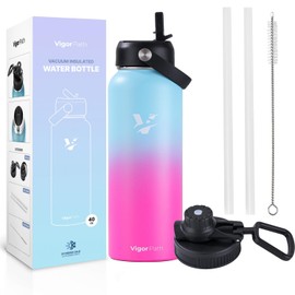 Vacuum Insulated Water Bottle - Stainless Steel Water Bottle with Straw Lid and Flex Cap (Keeps Cold for 24Hours, Hot for 18Hours) Double Wall, Wide Mouth, BPA Free, Leak Proof (Gradient Pink, 40oz)