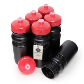 Rolling Sands 20 oz. Bulk Water Bottles 6 Pack, Made in USA, BPA-Free, Reusable Dishwasher Safe Plastic Sports Bottle with Easy Open Pull Top Cap for Adults and Kids, Black Bottles/Pink Lids