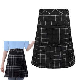 FloraMolly Waitress Aprons for Women, Long Half Waist Zipper Pocket Grid Black Apron Antifouling Lightweight Chef Apron For Kitchen Restaurant Barbecue