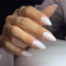 48Pcs White Press on Nails Almond Fake Nails Glue on Nails Medium Length Almond Shaped Nails Press ons, Stiletto Nails False Nails for Women, Medium Almond Nails, Thick Natural Acrylic Gel Nails