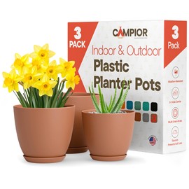 Planter Pots with Drainage Holes - Lightweight, Durable, and Space-Saving Pots for Indoor and Outdoor - Versatile Functionality, Simple Modern Design, Set of 3 Plastic Planter Pots - Terracotta