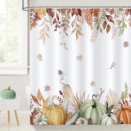 Bonhause Fall Pumpkins Shower Curtain, Autumn Leaves Thanksgiving Harvest Bathroom Curtain 72x72 Inch Polyester Fabric Waterproof Bath Curtain with 12 Hooks