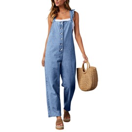Tongmingyun Women's Loose Denim Overalls Jumpsuits Ruffle Sleeve Button Down Straight Leg Jeans Long Rompers