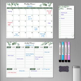 ALEZEL Magnetic Calendar Whiteboard for Refrigerator, Dry Erase Fridge Calendar Set - Greenery Magnetic Monthly & Weekly Calendar with List White Board, 4 Markers + Eraser