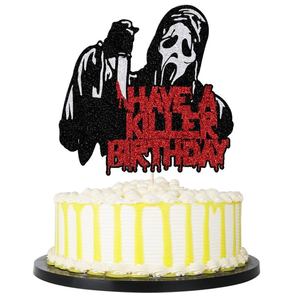 PALASASA - Decoración para tartas de cumpleaños con purpurina, para terror clásico, Halloween, temática sangrienta, fiesta de cumpleaños, decoración para tartas (asesino de la muerte)