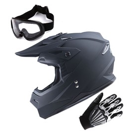 1Storm Adult Motocross Helmet BMX MX ATV Dirt Bike Helmet Racing Style Matt Black; + Goggles + Skeleton Black Glove Bundle
