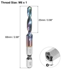 sourcing map Combination Drill and Tap Bit, Metric M6 x 1 Thread 1/4" Hex Shank, Blue Nano Coated Threading Screw Taps Spiral Flute Drilling Tapping Tool, High Speed Steel (HSS) 4341