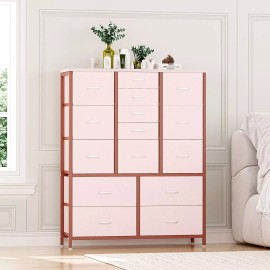 Jojoka Chest of 15 Drawers Dresser for Bedroom Wood Top Storage Organizer Cabinet White - Pink