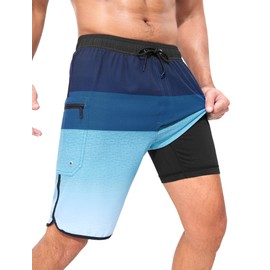 SILKWORLD Mens Bathing Suit Quick Dry Summer Swim Trunks Beach Shorts with Zipper Pockets, Blue Gradient, X-Large