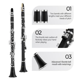 Vangoa B Flat Clarinet for Beginners Intermediate, Upgraded Bb Ebonite Clarinet Silver-Plated for School Band Orchestra Adult Student with Hard Case, Stand, Cleaning Kit, 2 Barrels