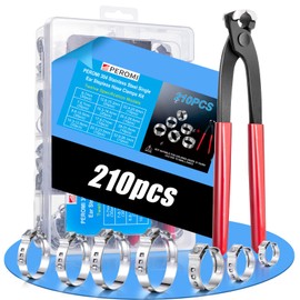 PEROMI 210PCS 304 Stainless Steel Single Ear Hose Clamp Assortment Kit - 12 Sizes (6-36.1mm) Stepless Adjustable Cinch Clamps with Pincer Tool for Automotive, Plumbing, Garden & Industrial Use