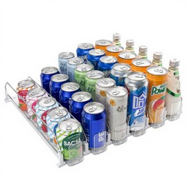 Upgraded Press-type Drink Organizer for Fridge, Capable of horizontal pushing Soda Can Dispenser for RefrigeratorSpace-Saving Automatic Drink Pusher Glide System - Holds 30 Cans (6 Rows)