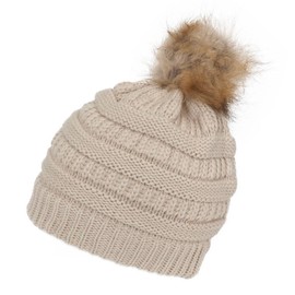 Gravity Threads Cable Knit Faux Fur Pom Pom Beanie Hat, Beige