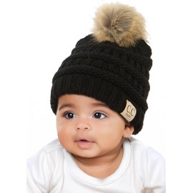 Funky Junque Exclusives Newborn Pom Pom Beanie Infant Knit Winter Hat with Faux Fur Pom for Babies Under 1 Year (Black)