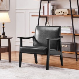 Yaheetech PU Leather Accent Chair, Mid-Century Modern Armchair with Solid Wood Legs, Reading Leisure Chair with High Back for Living Room Bedroom Waiting Room, Black