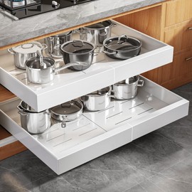 Seinloes 4 Pack Expandable (15.1"-26.3") Pull Out Cabinet Organizer 21" Deep With Raising Pad for Framed Cabinets,Upgrade 3 Slide Rails Slide Out Drawers,No Drill Roll Out Shelves Adhesive,White