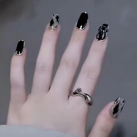 ALLEVG Nail Tips, Black, 24 Pieces, Nail Tips, Short 3D, Autumn and Winter, Popular, Japanese Style, Cute, Simple, Stylish, Coming of Age Ceremonies, School Entrance Ceremonies, Graduation Ceremonies,